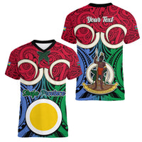 Personalised Vanuatu Shefa Province Women V Neck T Shirt Pig Tusk Mix Maori Pattern and Namele Leaf LT03 - Polynesian Pride