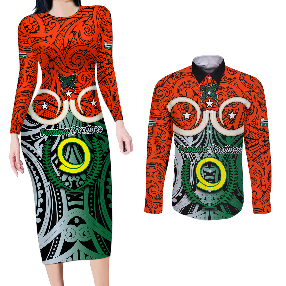 Vanuatu Penama Province Couples Matching Long Sleeve Bodycon Dress and Long Sleeve Button Shirts Pig Tusk Mix Maori Pattern and Namele Leaf LT03 Orange - Polynesian Pride