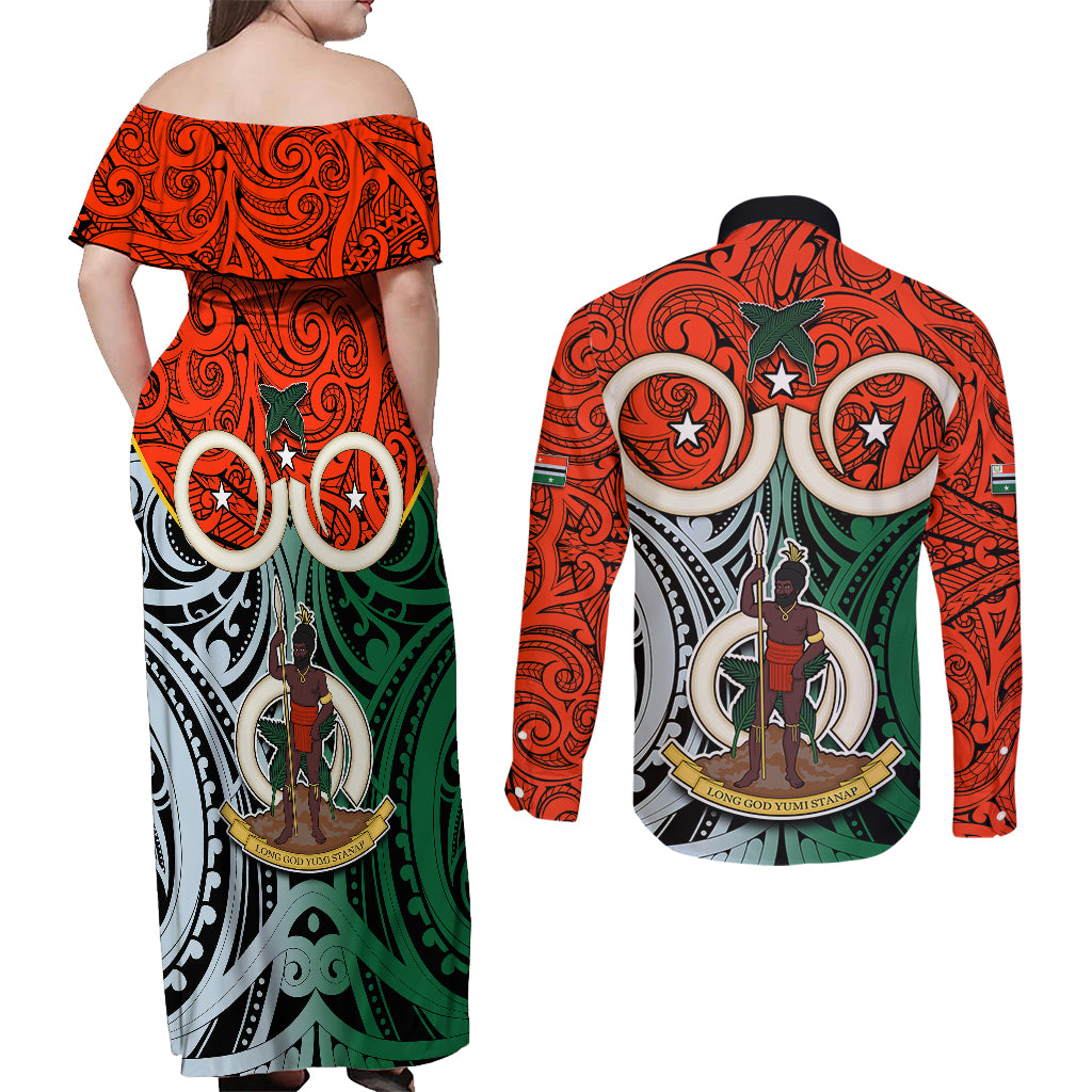 Vanuatu Penama Province Couples Matching Off Shoulder Maxi Dress and Long Sleeve Button Shirts Pig Tusk Mix Maori Pattern and Namele Leaf LT03 - Polynesian Pride
