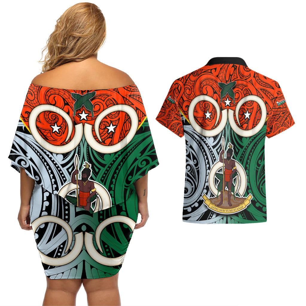 Vanuatu Penama Province Couples Matching Off Shoulder Short Dress and Hawaiian Shirt Pig Tusk Mix Maori Pattern and Namele Leaf LT03 - Polynesian Pride