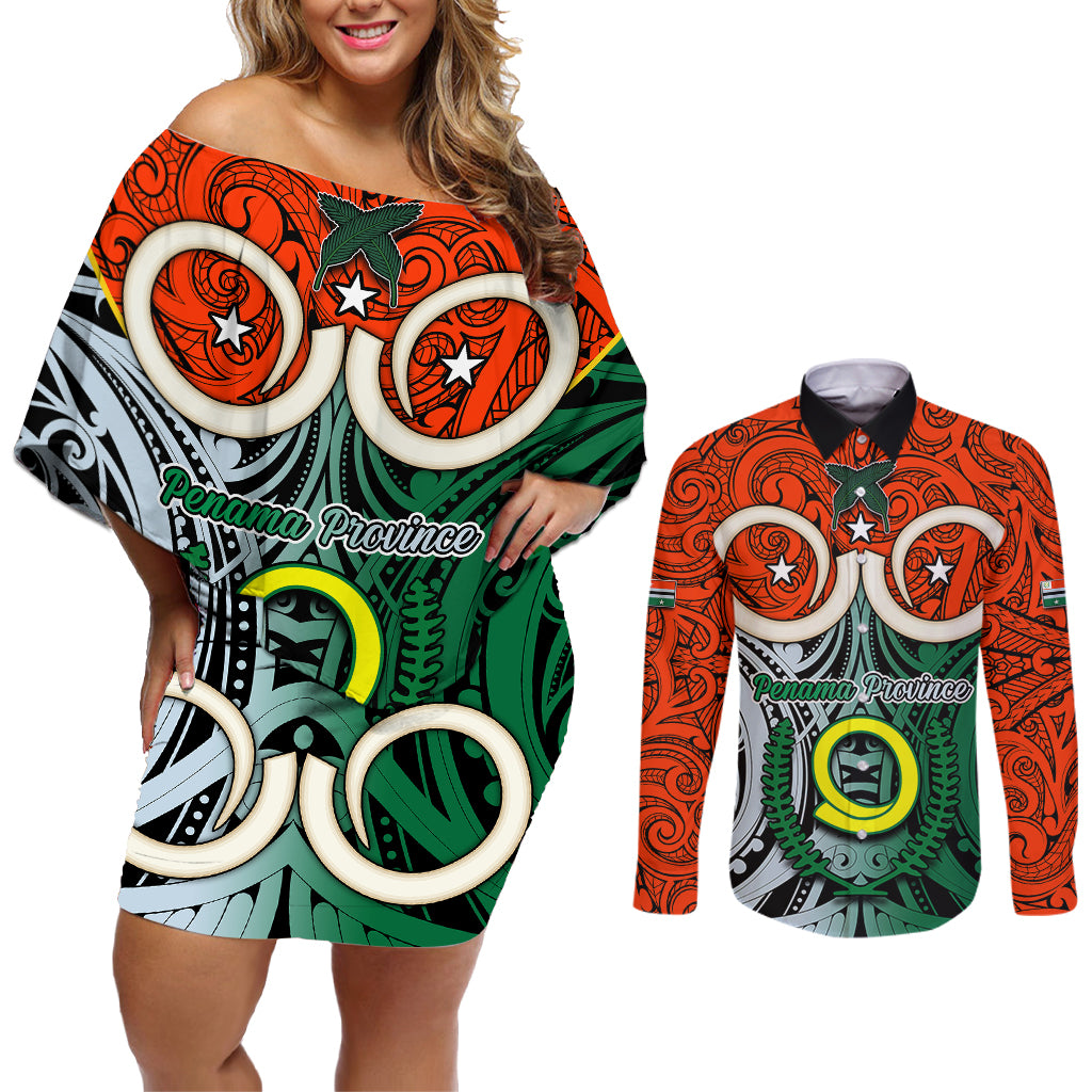 Vanuatu Penama Province Couples Matching Off Shoulder Short Dress and Long Sleeve Button Shirts Pig Tusk Mix Maori Pattern and Namele Leaf LT03 Orange - Polynesian Pride