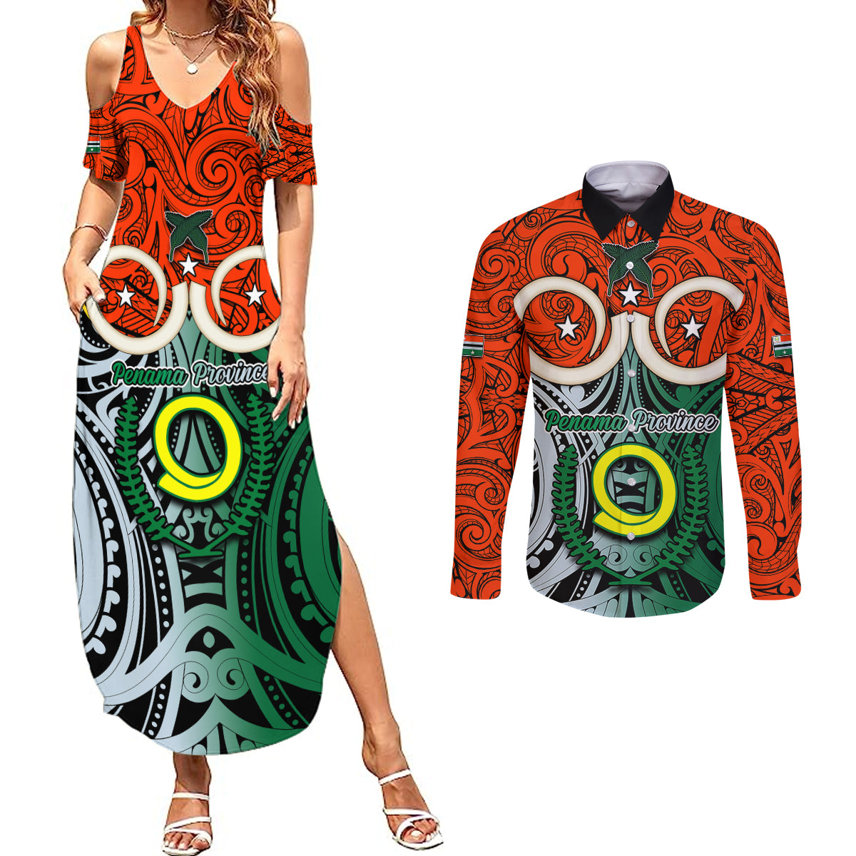 Vanuatu Penama Province Couples Matching Summer Maxi Dress and Long Sleeve Button Shirts Pig Tusk Mix Maori Pattern and Namele Leaf LT03 Orange - Polynesian Pride