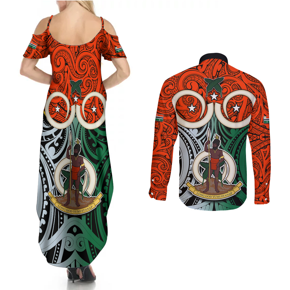 Vanuatu Penama Province Couples Matching Summer Maxi Dress and Long Sleeve Button Shirts Pig Tusk Mix Maori Pattern and Namele Leaf LT03 - Polynesian Pride