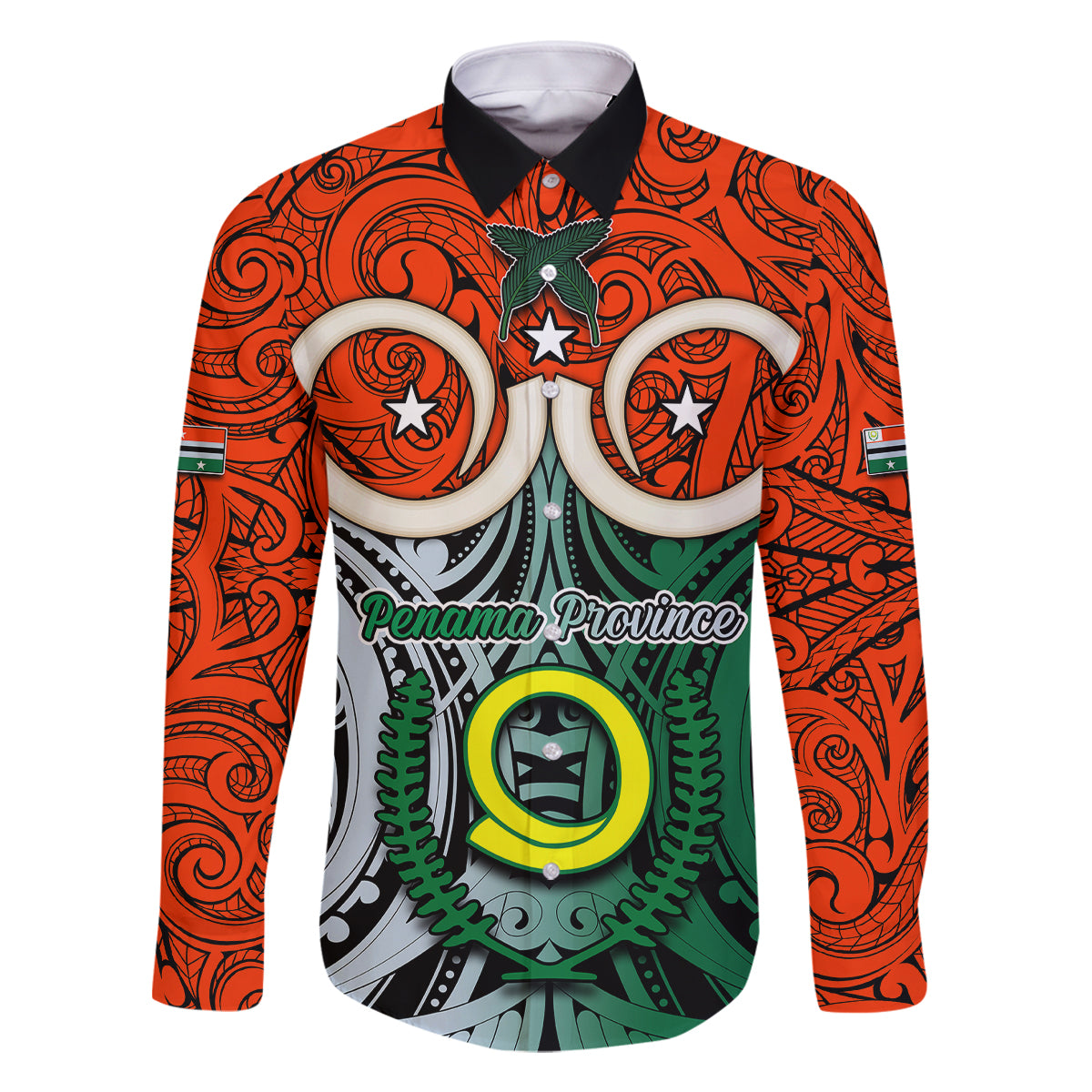 Vanuatu Penama Province Family Matching Long Sleeve Bodycon Dress and Hawaiian Shirt Pig Tusk Mix Maori Pattern and Namele Leaf LT03 Dad's Shirt - Long Sleeve Orange - Polynesian Pride