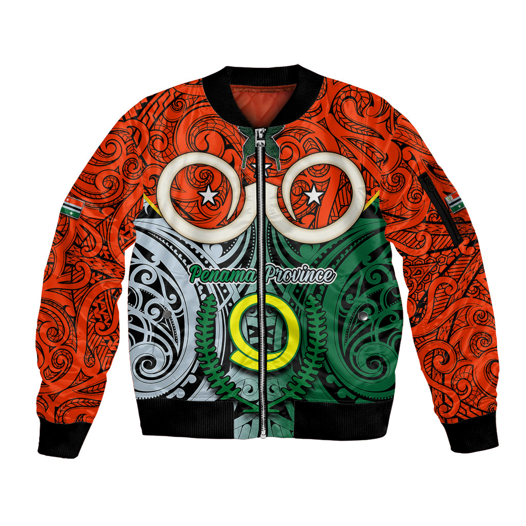 Vanuatu Penama Province Sleeve Zip Bomber Jacket Pig Tusk Mix Maori Pattern and Namele Leaf LT03 Unisex Orange - Polynesian Pride
