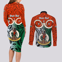 Personalised Vanuatu Penama Province Couples Matching Long Sleeve Bodycon Dress and Long Sleeve Button Shirts Pig Tusk Mix Maori Pattern and Namele Leaf LT03 - Polynesian Pride