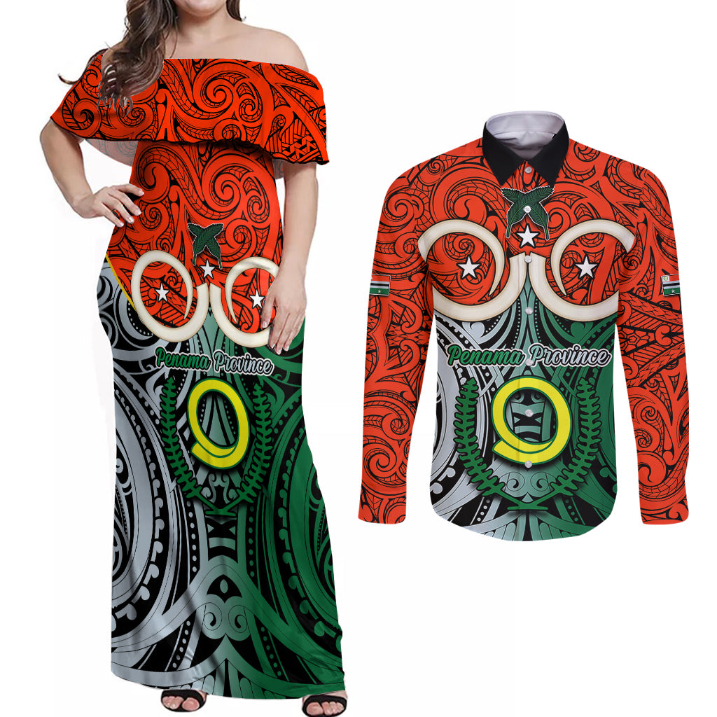 Personalised Vanuatu Penama Province Couples Matching Off Shoulder Maxi Dress and Long Sleeve Button Shirts Pig Tusk Mix Maori Pattern and Namele Leaf LT03 Orange - Polynesian Pride