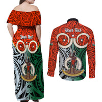 Personalised Vanuatu Penama Province Couples Matching Off Shoulder Maxi Dress and Long Sleeve Button Shirts Pig Tusk Mix Maori Pattern and Namele Leaf LT03 - Polynesian Pride