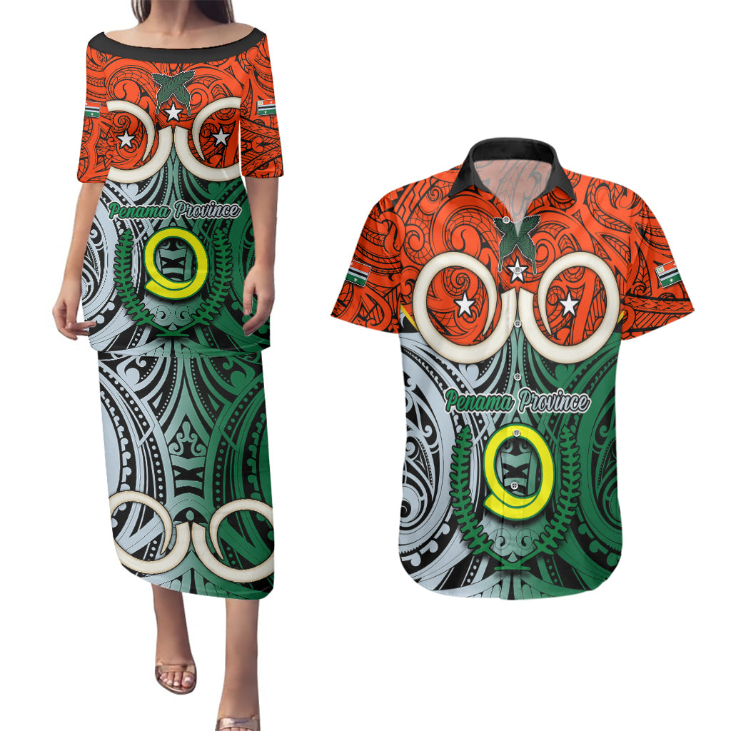 Personalised Vanuatu Penama Province Couples Matching Puletasi Dress and Hawaiian Shirt Pig Tusk Mix Maori Pattern and Namele Leaf LT03 Orange - Polynesian Pride