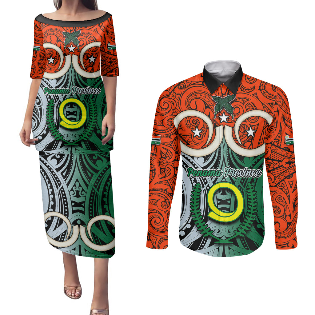 Personalised Vanuatu Penama Province Couples Matching Puletasi Dress and Long Sleeve Button Shirts Pig Tusk Mix Maori Pattern and Namele Leaf LT03 Orange - Polynesian Pride