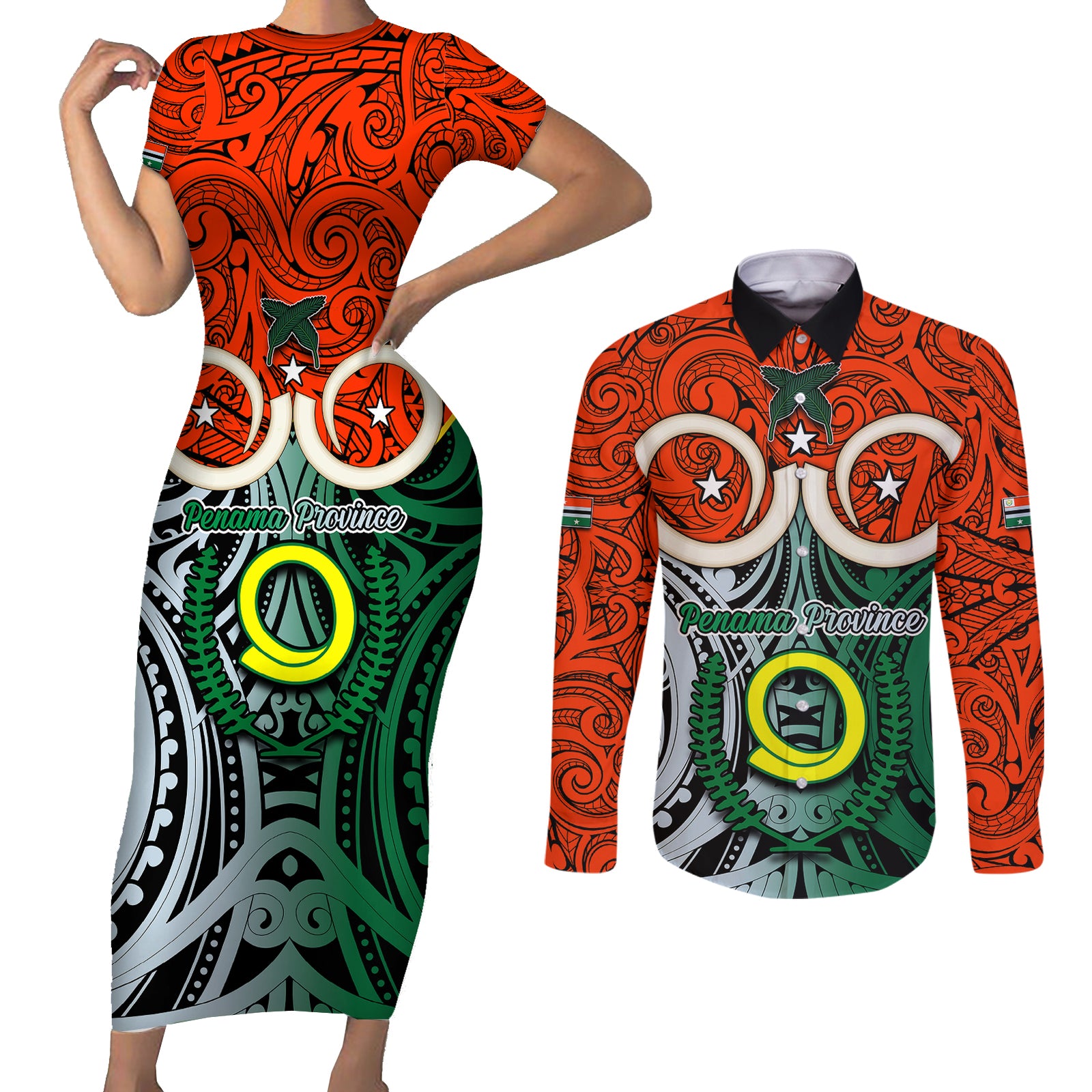 Personalised Vanuatu Penama Province Couples Matching Short Sleeve Bodycon Dress and Long Sleeve Button Shirts Pig Tusk Mix Maori Pattern and Namele Leaf LT03 Orange - Polynesian Pride