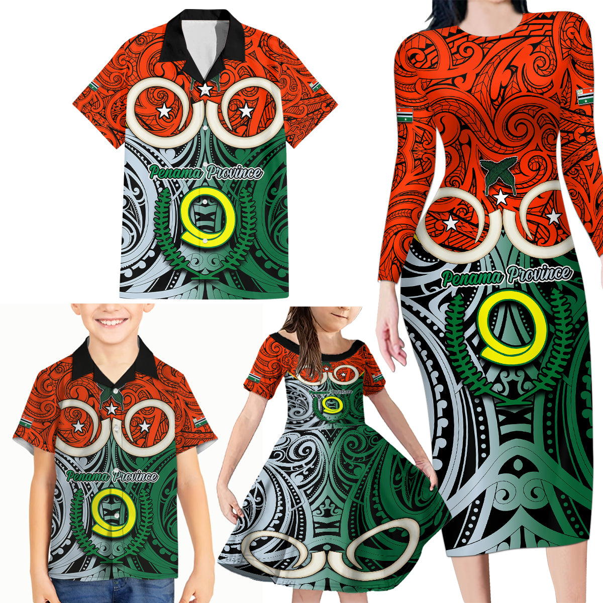 Personalised Vanuatu Penama Province Family Matching Long Sleeve Bodycon Dress and Hawaiian Shirt Pig Tusk Mix Maori Pattern and Namele Leaf LT03 - Polynesian Pride