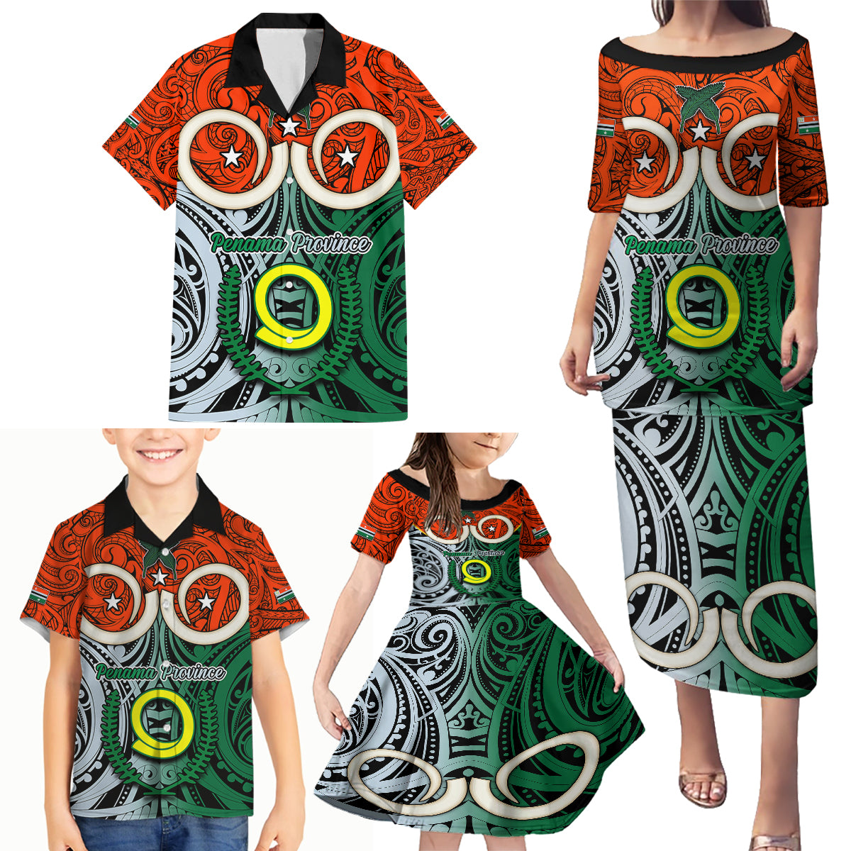 Personalised Vanuatu Penama Province Family Matching Puletasi Dress and Hawaiian Shirt Pig Tusk Mix Maori Pattern and Namele Leaf LT03 - Polynesian Pride