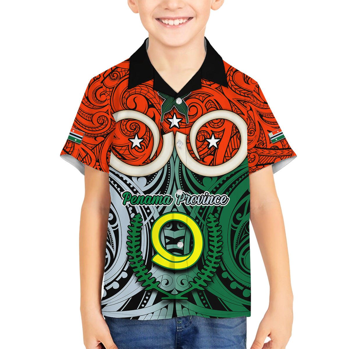Personalised Vanuatu Penama Province Family Matching Puletasi Dress and Hawaiian Shirt Pig Tusk Mix Maori Pattern and Namele Leaf LT03 Son's Shirt Orange - Polynesian Pride