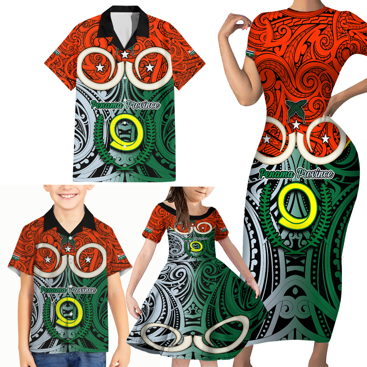 Personalised Vanuatu Penama Province Family Matching Short Sleeve Bodycon Dress and Hawaiian Shirt Pig Tusk Mix Maori Pattern and Namele Leaf LT03 - Polynesian Pride
