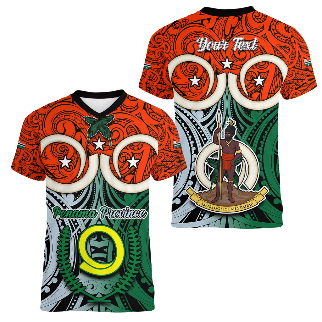 Personalised Vanuatu Penama Province Women V Neck T Shirt Pig Tusk Mix Maori Pattern and Namele Leaf LT03 - Polynesian Pride