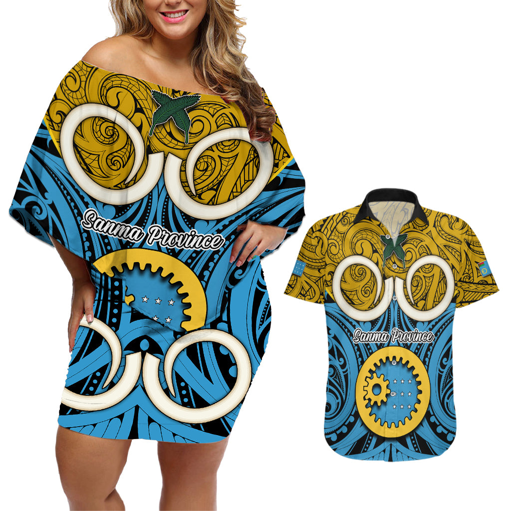 Vanuatu Sanma Province Couples Matching Off Shoulder Short Dress and Hawaiian Shirt Pig Tusk Mix Maori Pattern and Namele Leaf LT03 Blue - Polynesian Pride