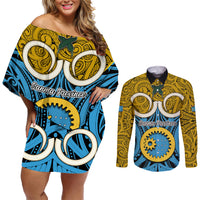 Vanuatu Sanma Province Couples Matching Off Shoulder Short Dress and Long Sleeve Button Shirts Pig Tusk Mix Maori Pattern and Namele Leaf LT03 Blue - Polynesian Pride