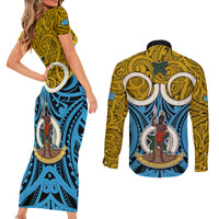 Vanuatu Sanma Province Couples Matching Short Sleeve Bodycon Dress and Long Sleeve Button Shirts Pig Tusk Mix Maori Pattern and Namele Leaf LT03 - Polynesian Pride