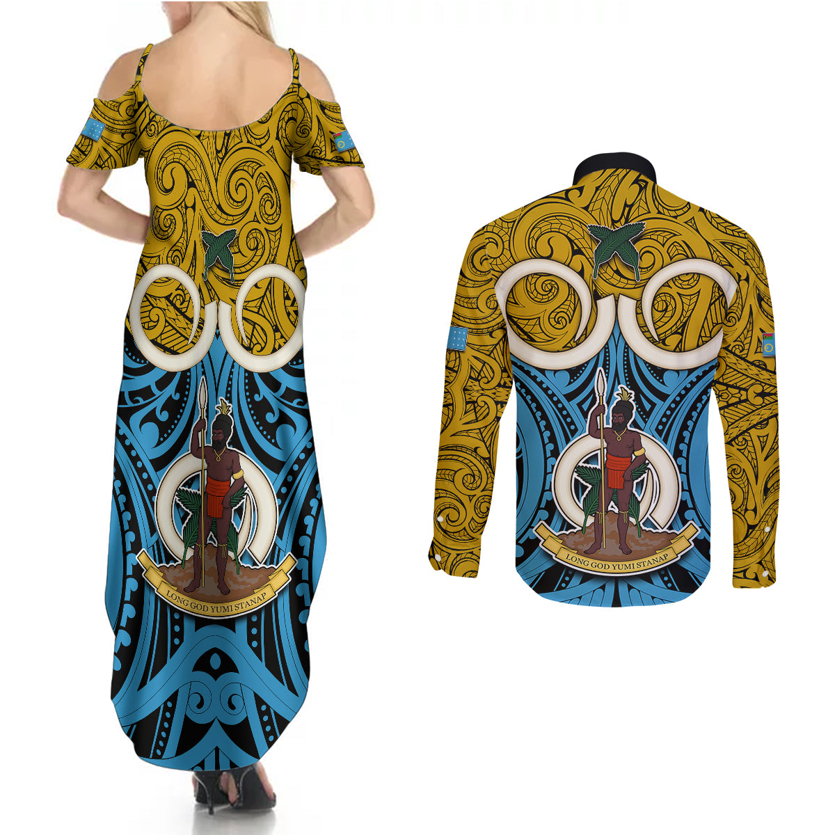 Vanuatu Sanma Province Couples Matching Summer Maxi Dress and Long Sleeve Button Shirts Pig Tusk Mix Maori Pattern and Namele Leaf LT03 - Polynesian Pride