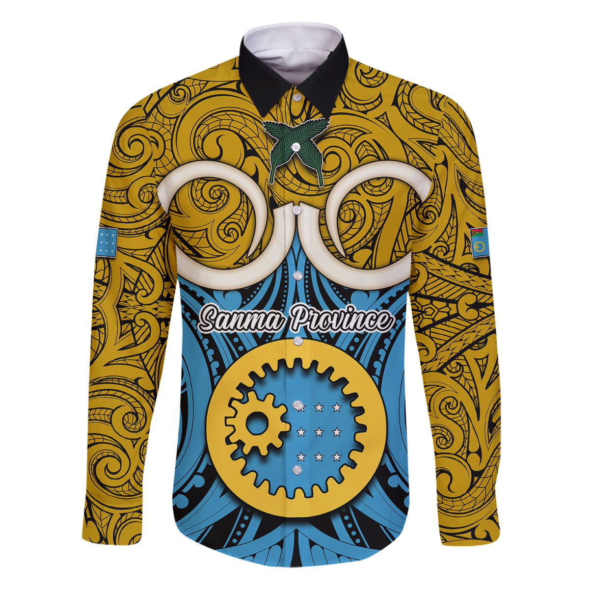 Vanuatu Sanma Province Family Matching Puletasi Dress and Hawaiian Shirt Pig Tusk Mix Maori Pattern and Namele Leaf LT03 Dad's Shirt - Long Sleeve Blue - Polynesian Pride