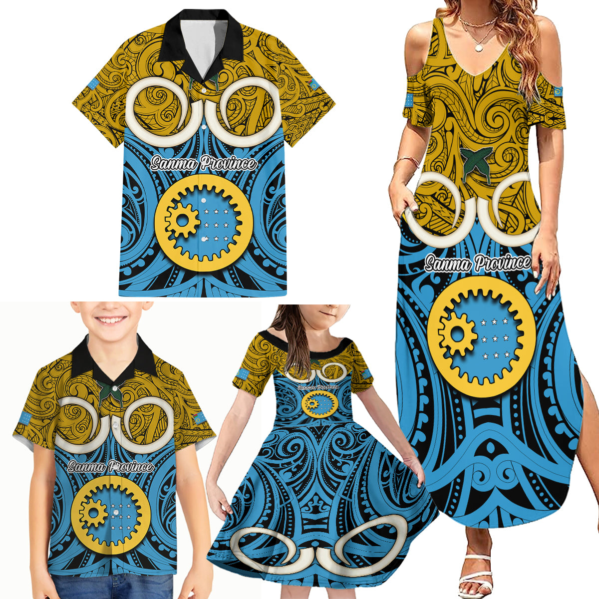 Vanuatu Sanma Province Family Matching Summer Maxi Dress and Hawaiian Shirt Pig Tusk Mix Maori Pattern and Namele Leaf LT03 - Polynesian Pride