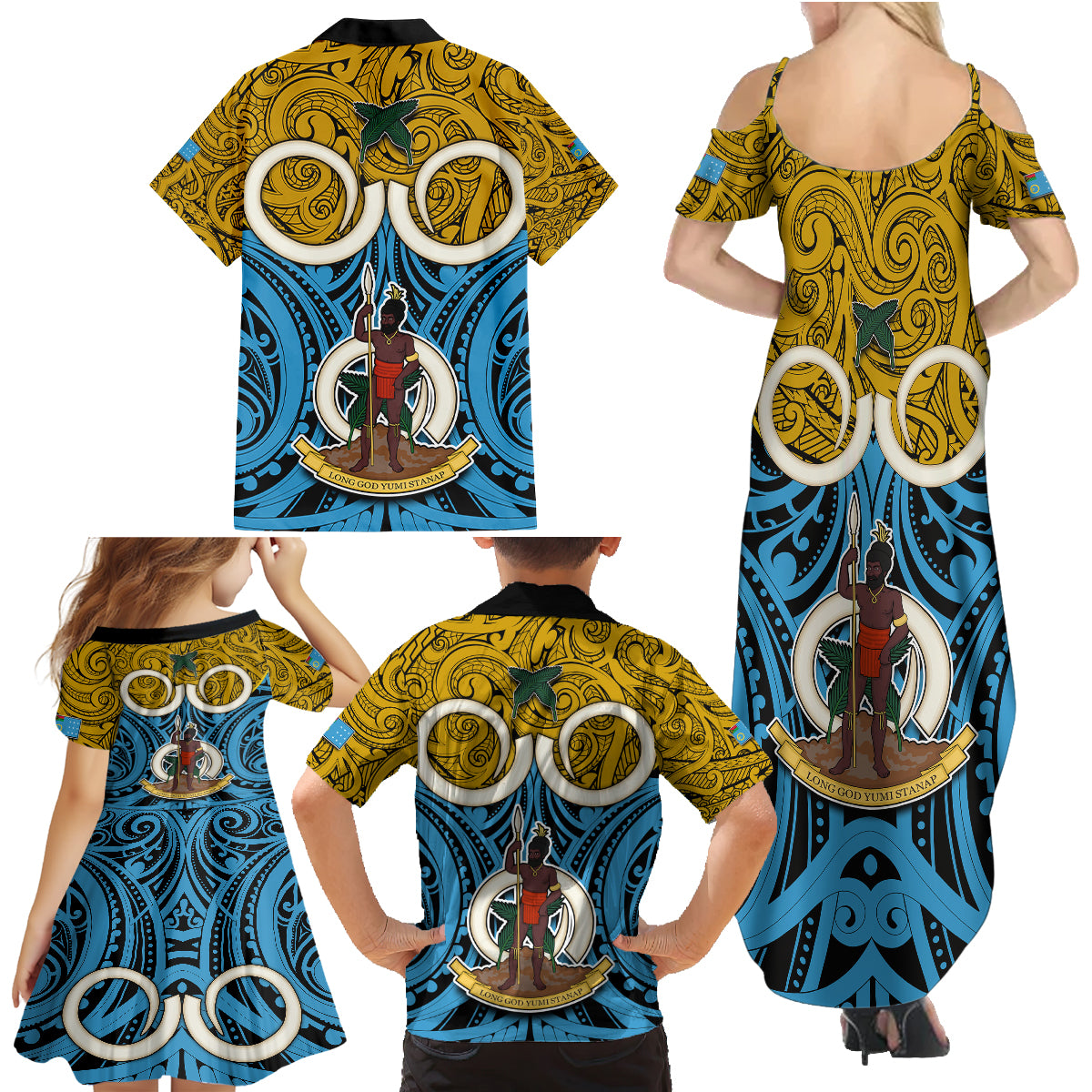 Vanuatu Sanma Province Family Matching Summer Maxi Dress and Hawaiian Shirt Pig Tusk Mix Maori Pattern and Namele Leaf LT03 - Polynesian Pride