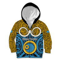 Vanuatu Sanma Province Kid Hoodie Pig Tusk Mix Maori Pattern and Namele Leaf LT03 Zip Hoodie Blue - Polynesian Pride
