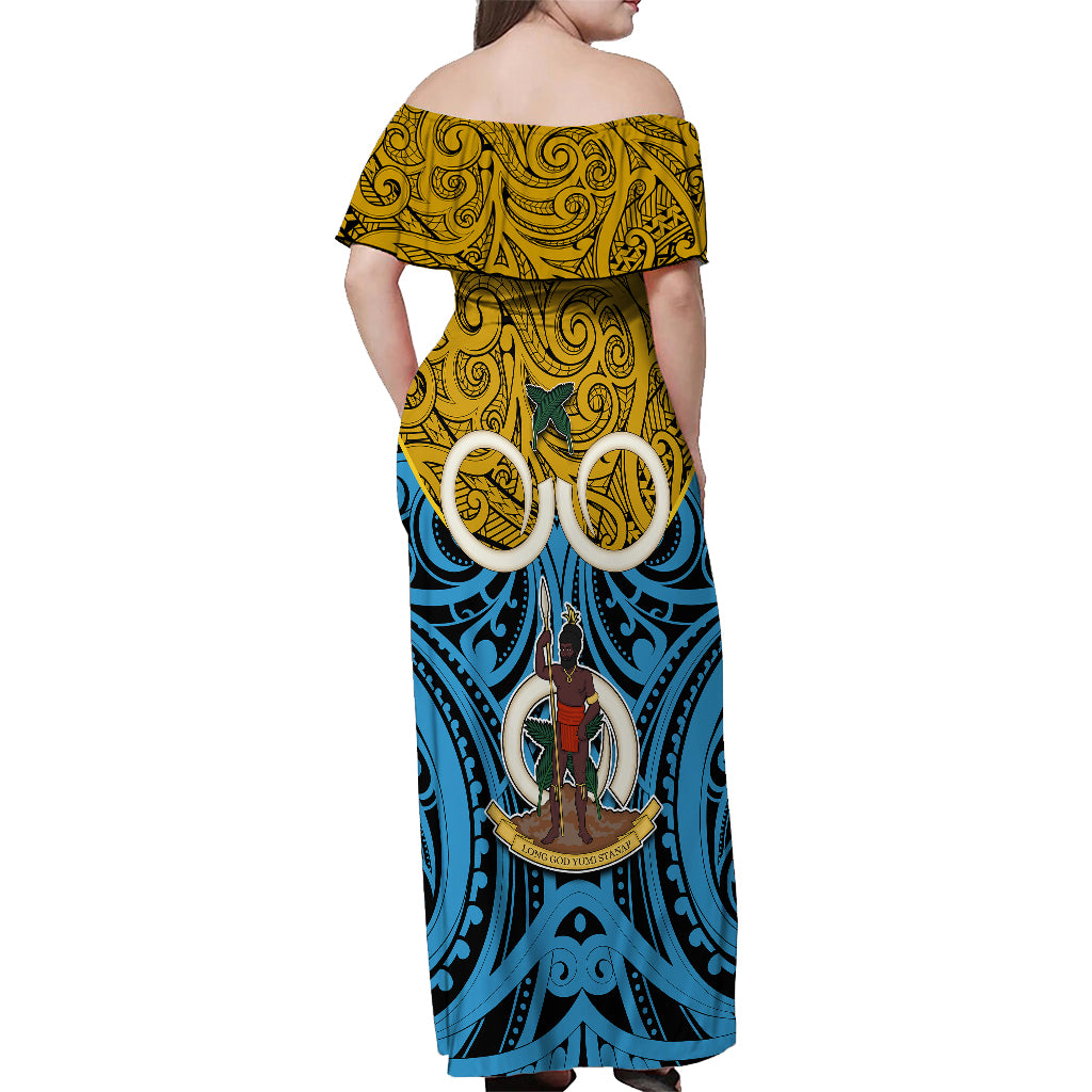 Vanuatu Sanma Province Off Shoulder Maxi Dress Pig Tusk Mix Maori Pattern and Namele Leaf LT03 - Polynesian Pride