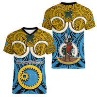 Vanuatu Sanma Province Women V Neck T Shirt Pig Tusk Mix Maori Pattern and Namele Leaf LT03 - Polynesian Pride