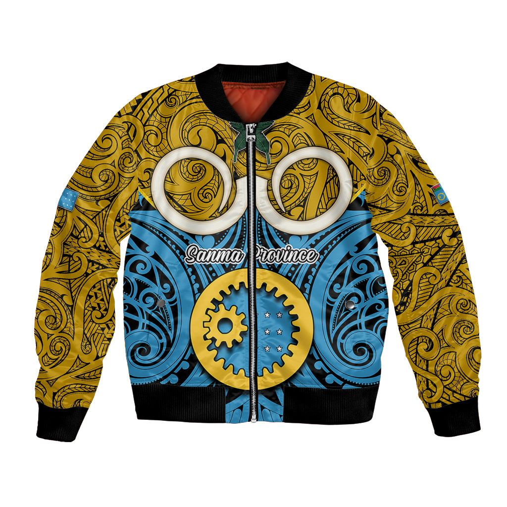 Personalised Vanuatu Sanma Province Bomber Jacket Pig Tusk Mix Maori Pattern and Namele Leaf LT03 Unisex Blue - Polynesian Pride