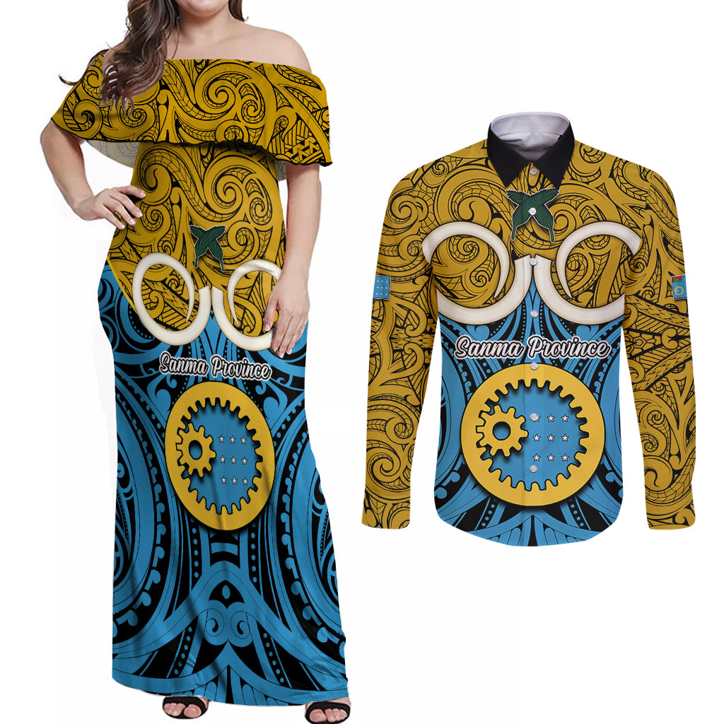 Personalised Vanuatu Sanma Province Couples Matching Off Shoulder Maxi Dress and Long Sleeve Button Shirts Pig Tusk Mix Maori Pattern and Namele Leaf LT03 Blue - Polynesian Pride