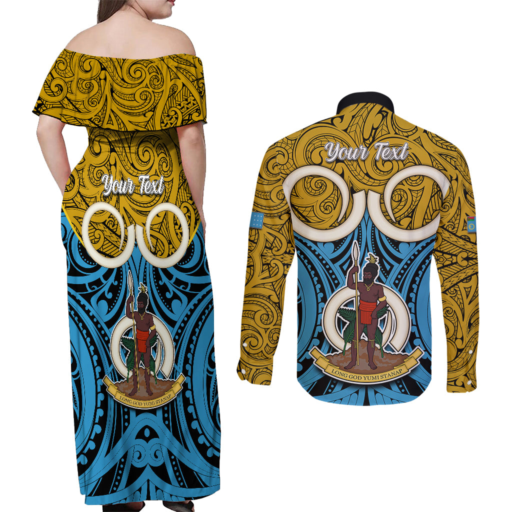 Personalised Vanuatu Sanma Province Couples Matching Off Shoulder Maxi Dress and Long Sleeve Button Shirts Pig Tusk Mix Maori Pattern and Namele Leaf LT03 - Polynesian Pride