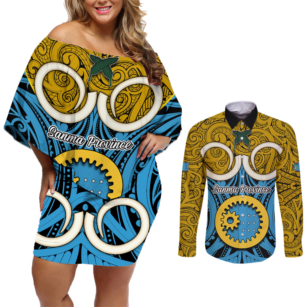 Personalised Vanuatu Sanma Province Couples Matching Off Shoulder Short Dress and Long Sleeve Button Shirts Pig Tusk Mix Maori Pattern and Namele Leaf LT03 Blue - Polynesian Pride