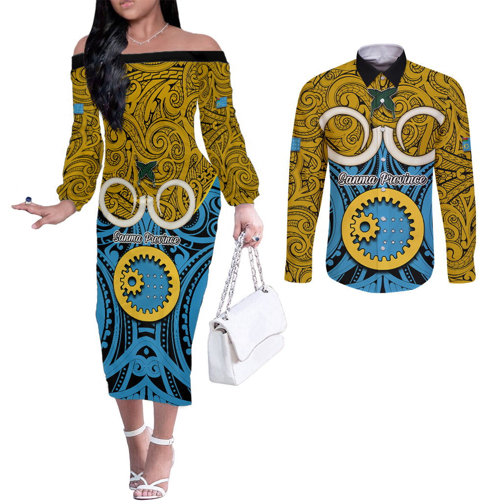 Personalised Vanuatu Sanma Province Couples Matching Off The Shoulder Long Sleeve Dress and Long Sleeve Button Shirts Pig Tusk Mix Maori Pattern and Namele Leaf LT03 Blue - Polynesian Pride