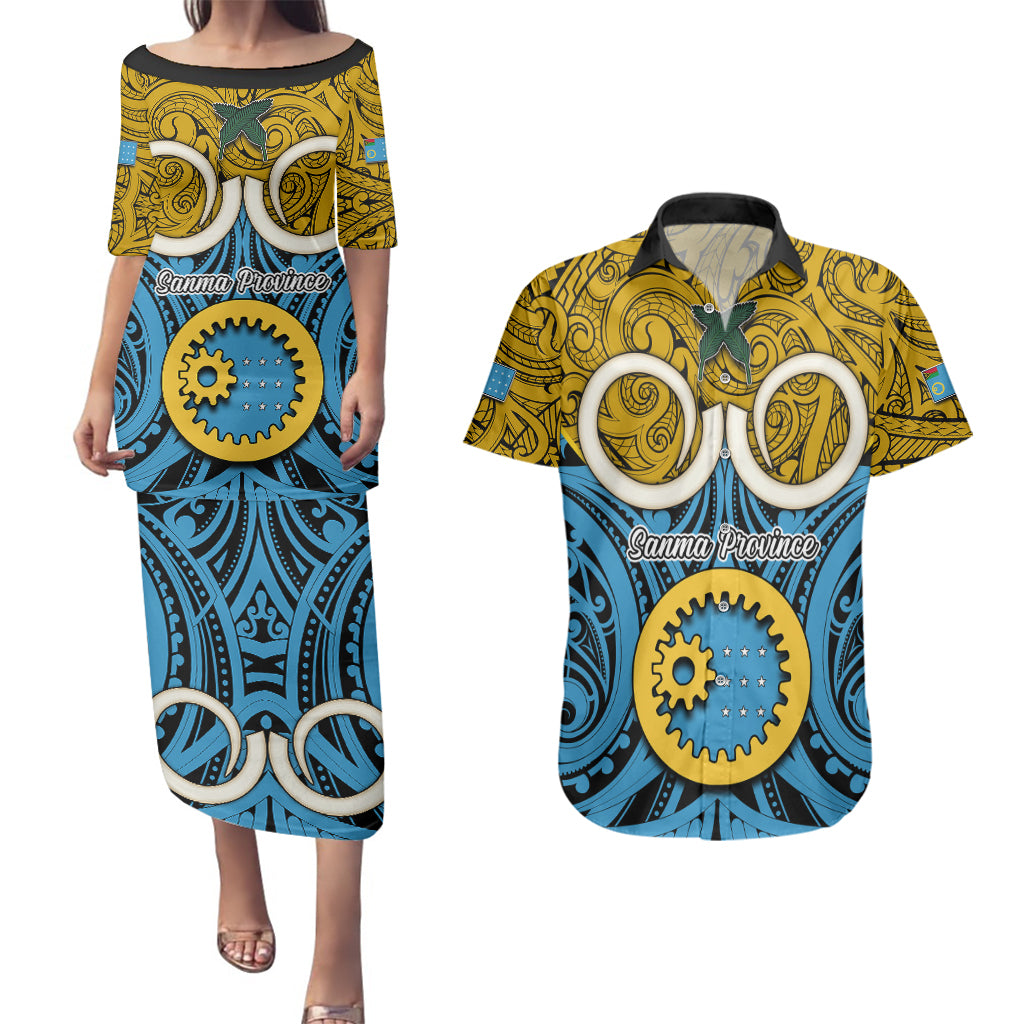 Personalised Vanuatu Sanma Province Couples Matching Puletasi Dress and Hawaiian Shirt Pig Tusk Mix Maori Pattern and Namele Leaf LT03 Blue - Polynesian Pride