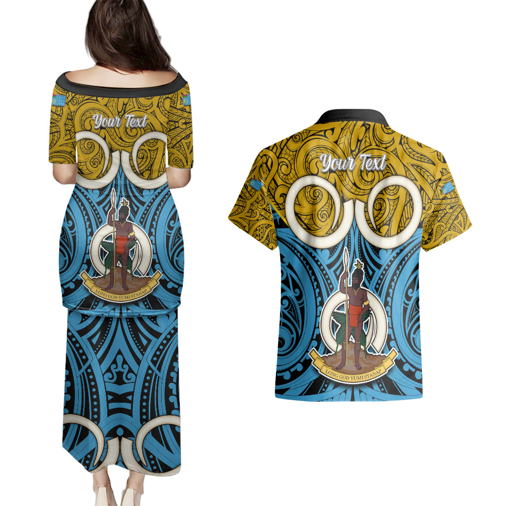 Personalised Vanuatu Sanma Province Couples Matching Puletasi Dress and Hawaiian Shirt Pig Tusk Mix Maori Pattern and Namele Leaf LT03 - Polynesian Pride