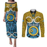 Personalised Vanuatu Sanma Province Couples Matching Puletasi Dress and Long Sleeve Button Shirts Pig Tusk Mix Maori Pattern and Namele Leaf LT03 Blue - Polynesian Pride