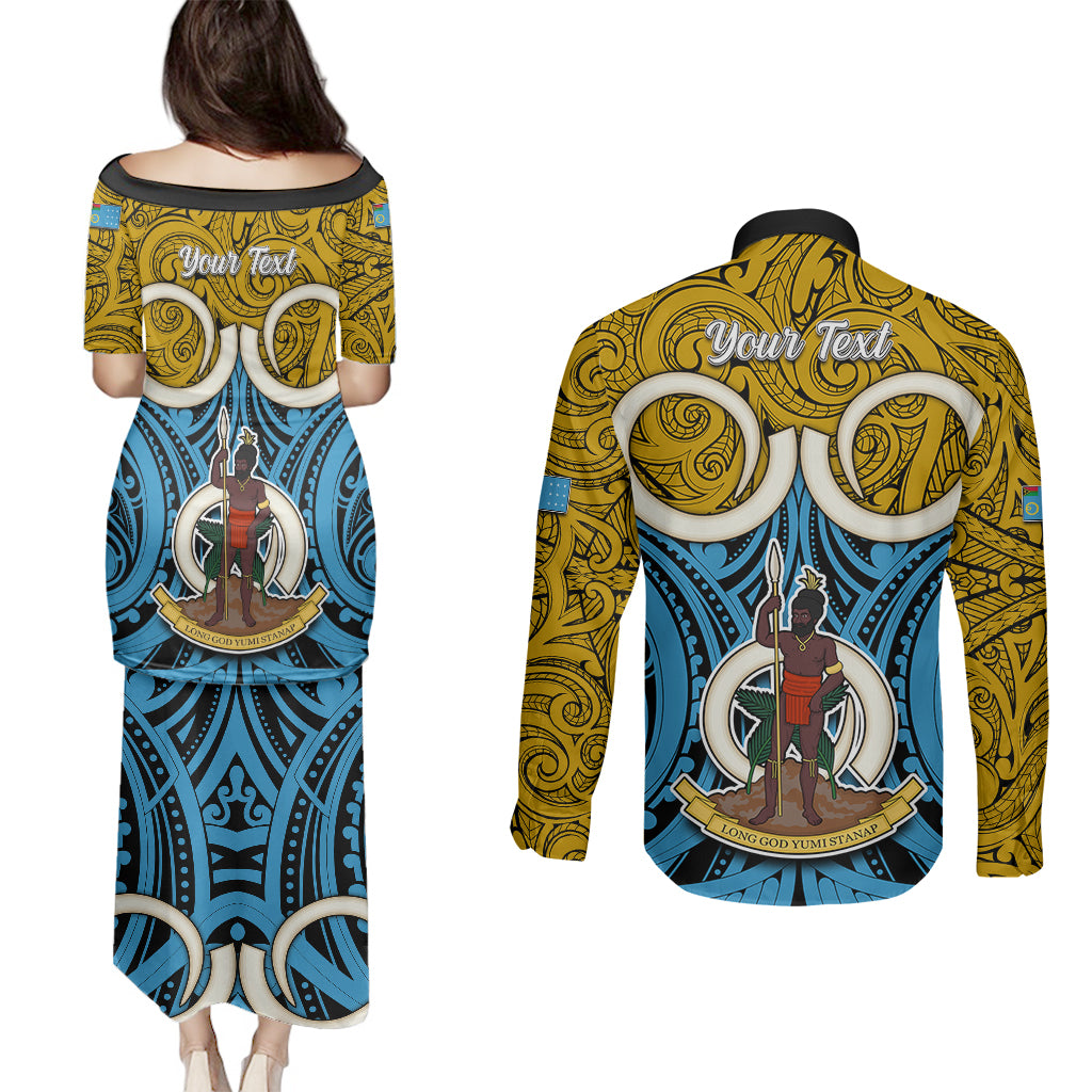 Personalised Vanuatu Sanma Province Couples Matching Puletasi Dress and Long Sleeve Button Shirts Pig Tusk Mix Maori Pattern and Namele Leaf LT03 - Polynesian Pride