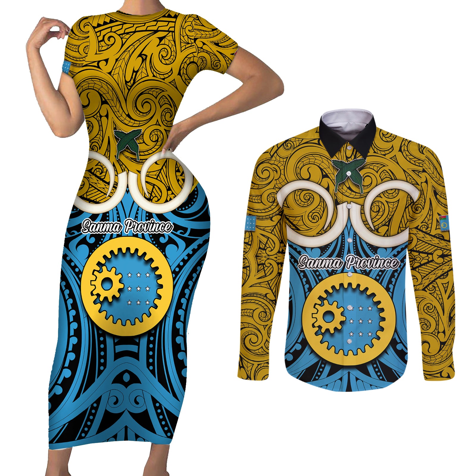 Personalised Vanuatu Sanma Province Couples Matching Short Sleeve Bodycon Dress and Long Sleeve Button Shirts Pig Tusk Mix Maori Pattern and Namele Leaf LT03 Blue - Polynesian Pride