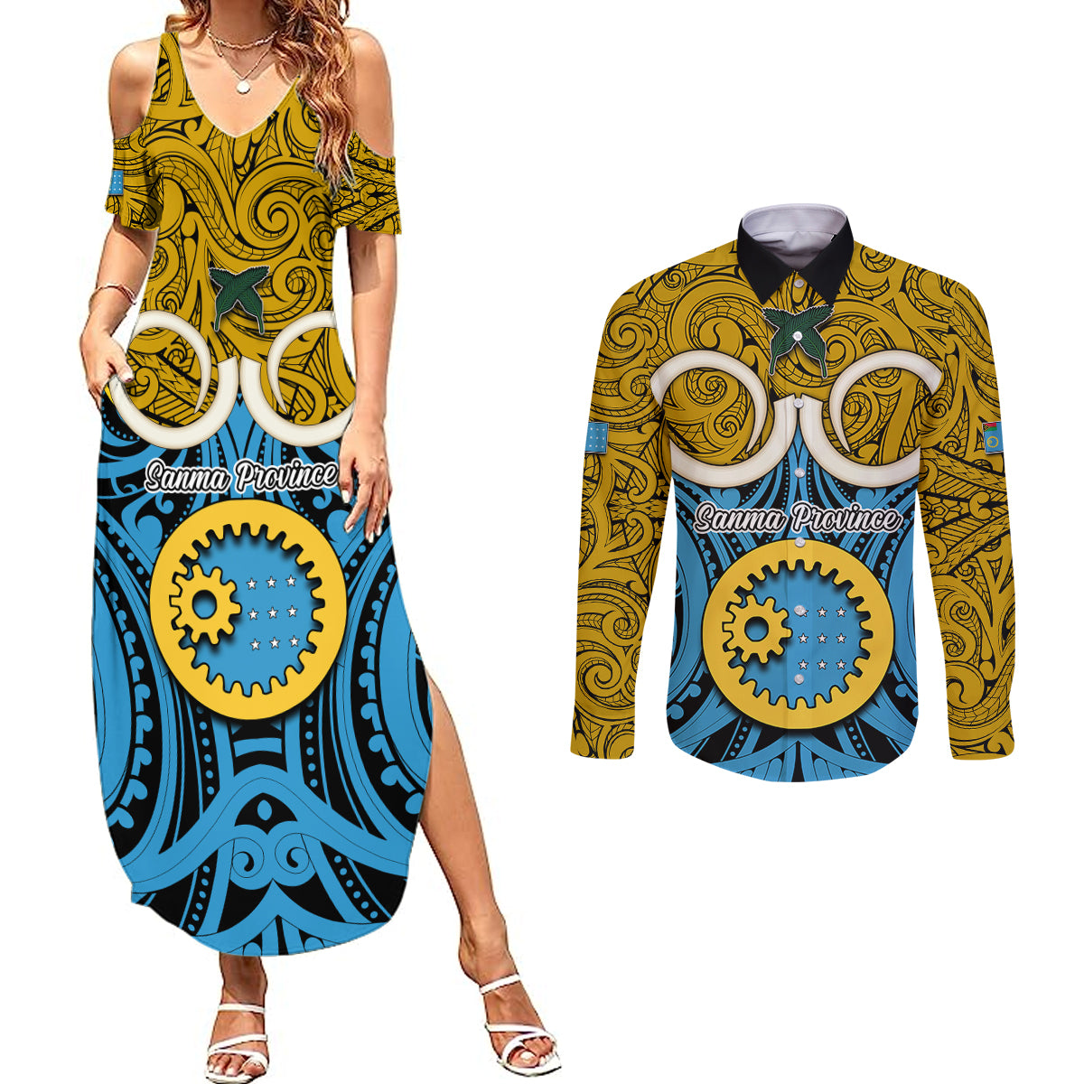 Personalised Vanuatu Sanma Province Couples Matching Summer Maxi Dress and Long Sleeve Button Shirts Pig Tusk Mix Maori Pattern and Namele Leaf LT03 Blue - Polynesian Pride