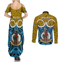 Personalised Vanuatu Sanma Province Couples Matching Summer Maxi Dress and Long Sleeve Button Shirts Pig Tusk Mix Maori Pattern and Namele Leaf LT03 - Polynesian Pride