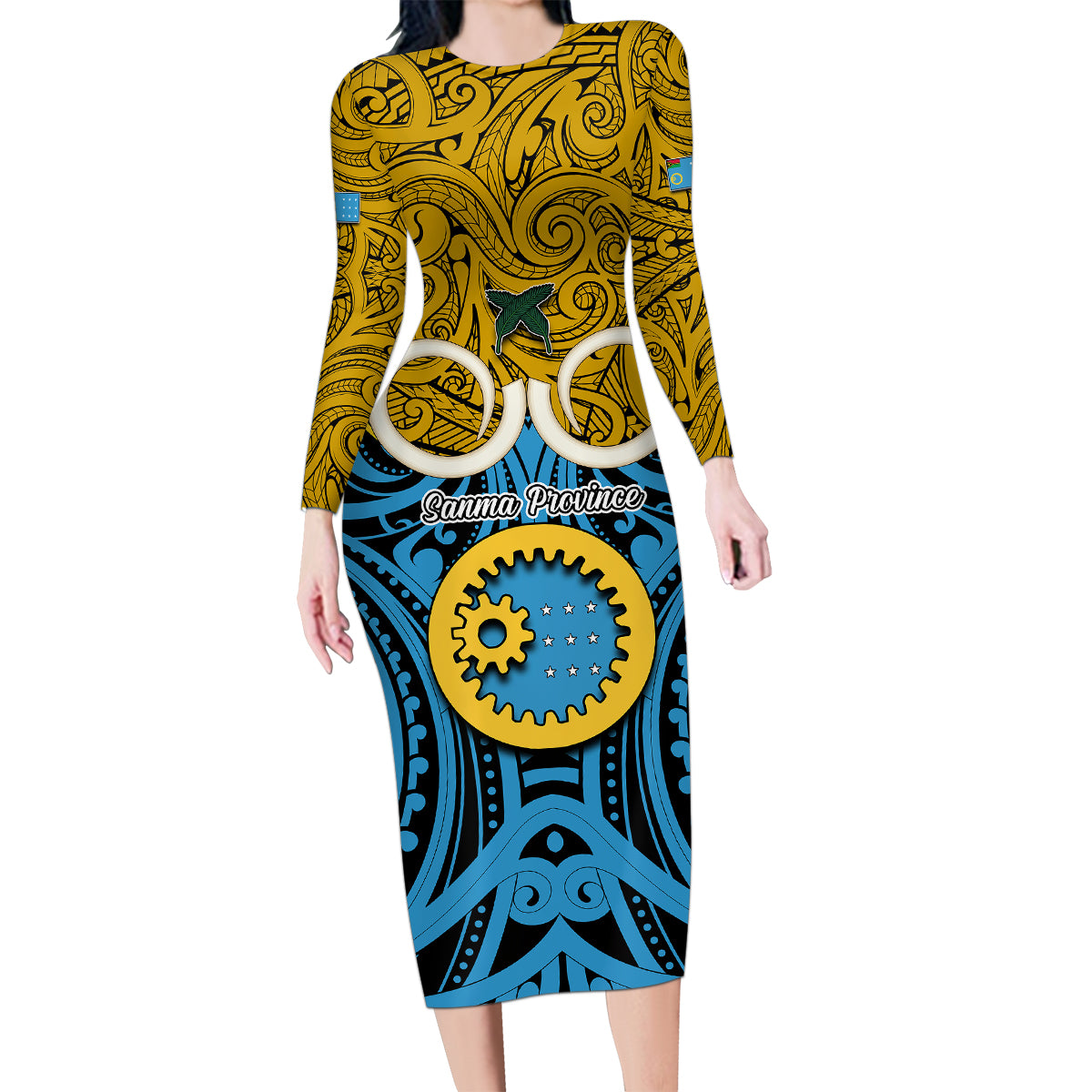 Personalised Vanuatu Sanma Province Family Matching Long Sleeve Bodycon Dress and Hawaiian Shirt Pig Tusk Mix Maori Pattern and Namele Leaf LT03 Mom's Dress Blue - Polynesian Pride
