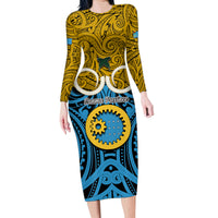 Personalised Vanuatu Sanma Province Family Matching Long Sleeve Bodycon Dress and Hawaiian Shirt Pig Tusk Mix Maori Pattern and Namele Leaf LT03 Mom's Dress Blue - Polynesian Pride