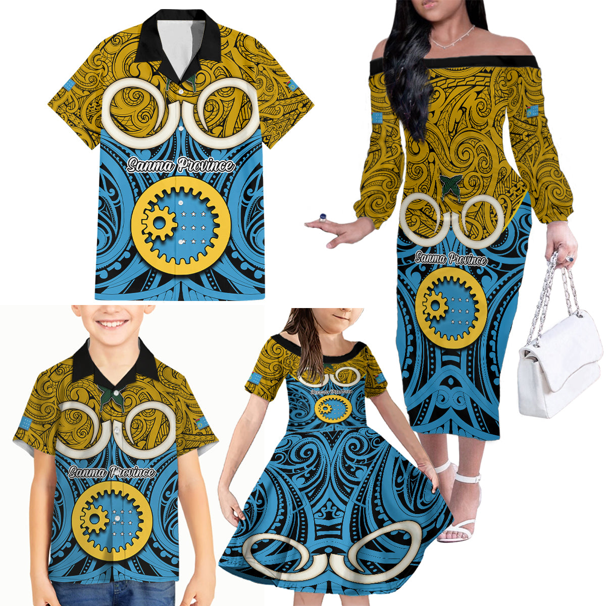 Personalised Vanuatu Sanma Province Family Matching Off Shoulder Long Sleeve Dress and Hawaiian Shirt Pig Tusk Mix Maori Pattern and Namele Leaf LT03 - Polynesian Pride