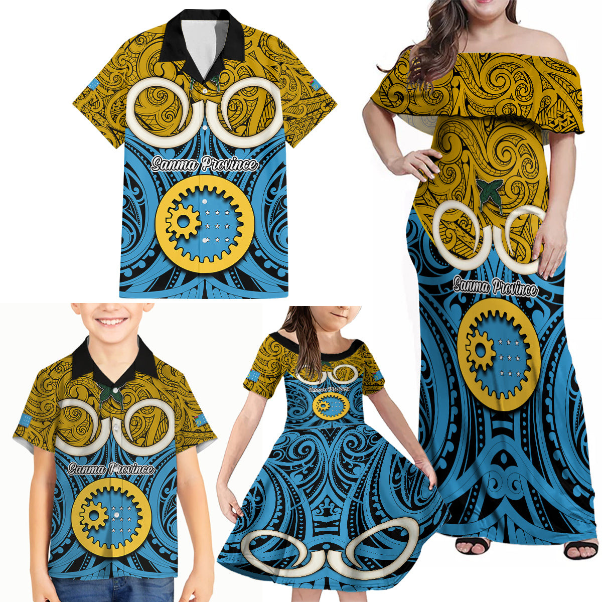 Personalised Vanuatu Sanma Province Family Matching Off Shoulder Maxi Dress and Hawaiian Shirt Pig Tusk Mix Maori Pattern and Namele Leaf LT03 - Polynesian Pride