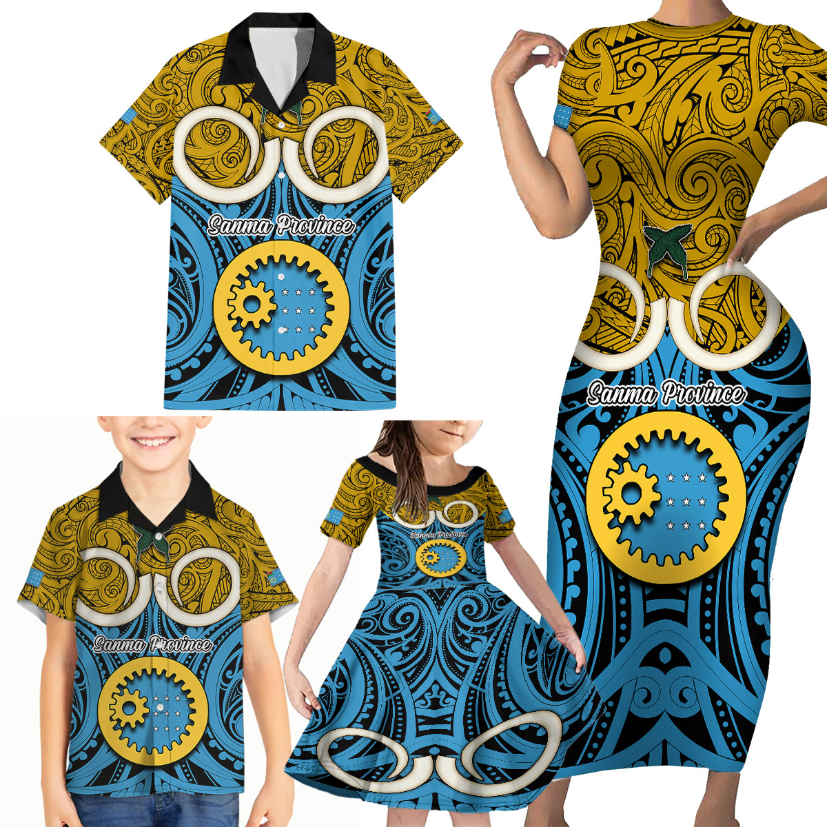 Personalised Vanuatu Sanma Province Family Matching Short Sleeve Bodycon Dress and Hawaiian Shirt Pig Tusk Mix Maori Pattern and Namele Leaf LT03 - Polynesian Pride