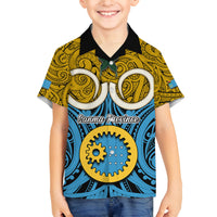 Personalised Vanuatu Sanma Province Family Matching Short Sleeve Bodycon Dress and Hawaiian Shirt Pig Tusk Mix Maori Pattern and Namele Leaf LT03 Son's Shirt Blue - Polynesian Pride