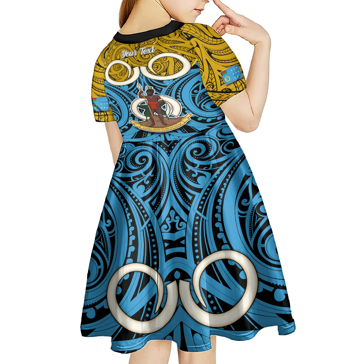 Personalised Vanuatu Sanma Province Kid Short Sleeve Dress Pig Tusk Mix Maori Pattern and Namele Leaf LT03 - Polynesian Pride