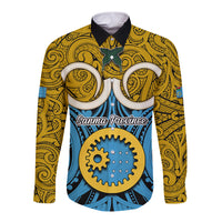 Personalised Vanuatu Sanma Province Long Sleeve Button Shirt Pig Tusk Mix Maori Pattern and Namele Leaf LT03 Unisex Blue - Polynesian Pride